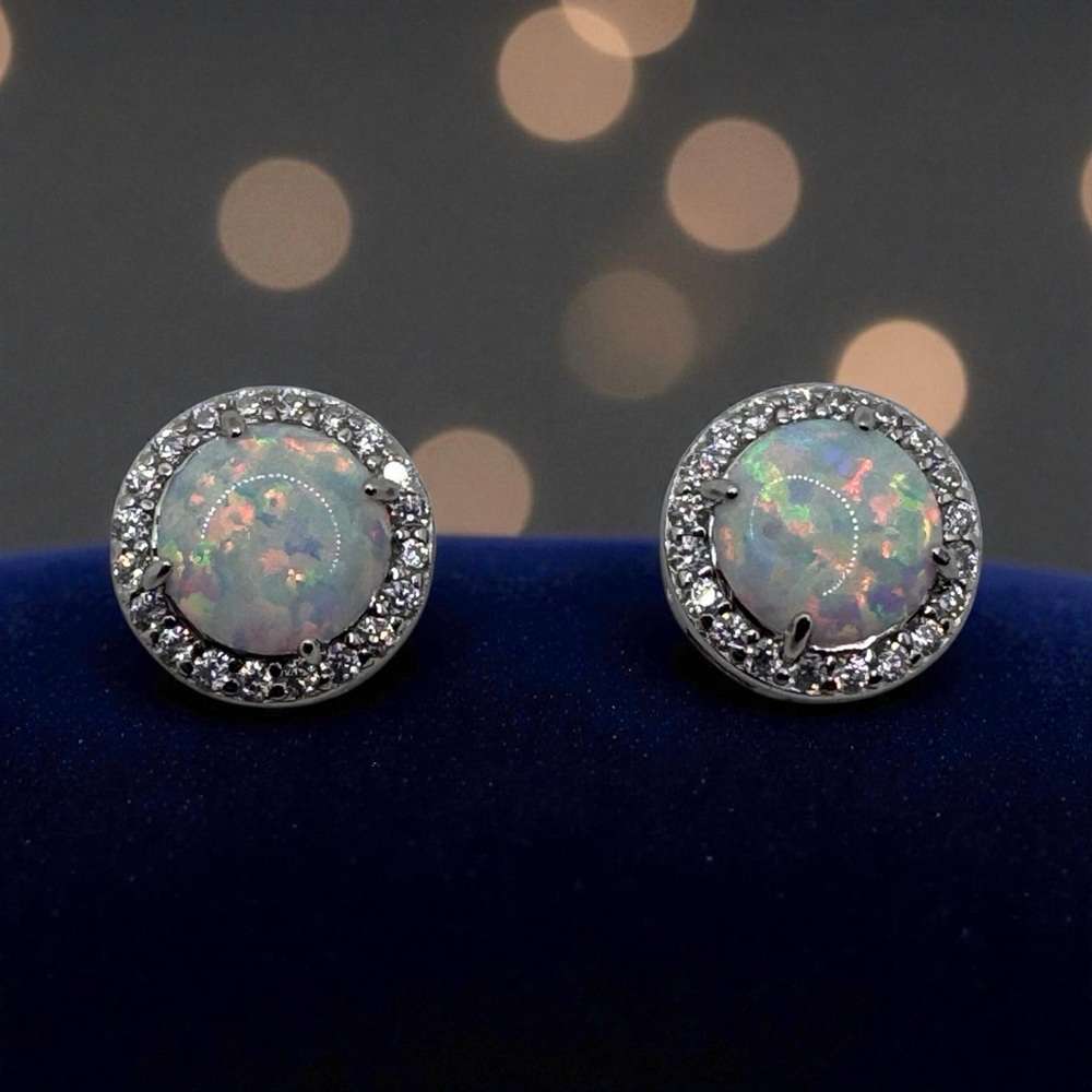Sterling Silver White Opal Earrings CZ 1.76‎ CTW 6MM Stud Fire Beautiful .925